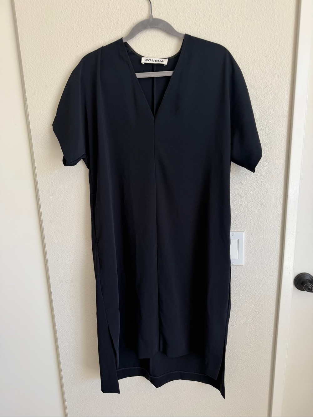 Rochas Black Minimal V-Neck Midi Dress